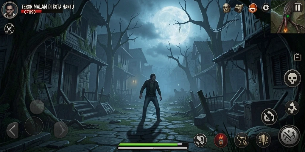 Tampilan gameplay <strong>C7890</strong> yang menakutkan dan mencekam saat menjelajahi kota hantu.