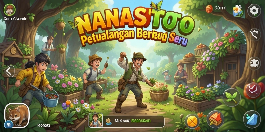 Screenshot dari gameplay NANASTOTO yang menunjukkan aktivitas berkebun.