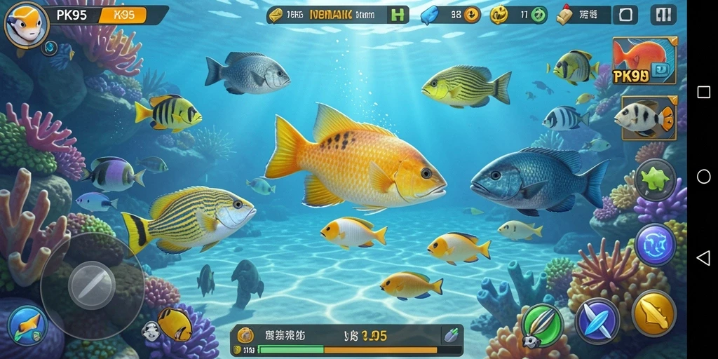 Screenshot gameplay PK95 menampilkan aksi menembak ikan yang seru.